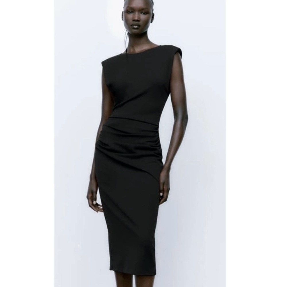 NWT Zara Little Black Ruched Shoulder Pad Dress Size S